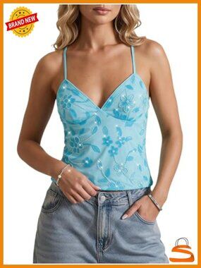 Y2K Sequin Cami Top V Neck Spaghetti Strap Criss Cross Backless Party Club Top